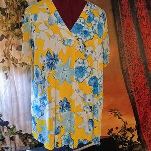 EUC: Adele & May Sze.2X  Yellow & Blue Floral Short Sleeve Blouse